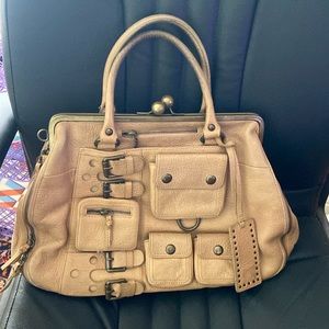 Betsy Johnson Unique Leather Tote/Purse in Beige with Several Outside Pockets